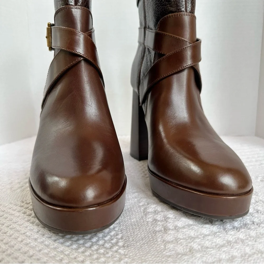 Vince Camuto Coliana Leather Platform Block Heel Brown Booties-9.5-Buckles Indie